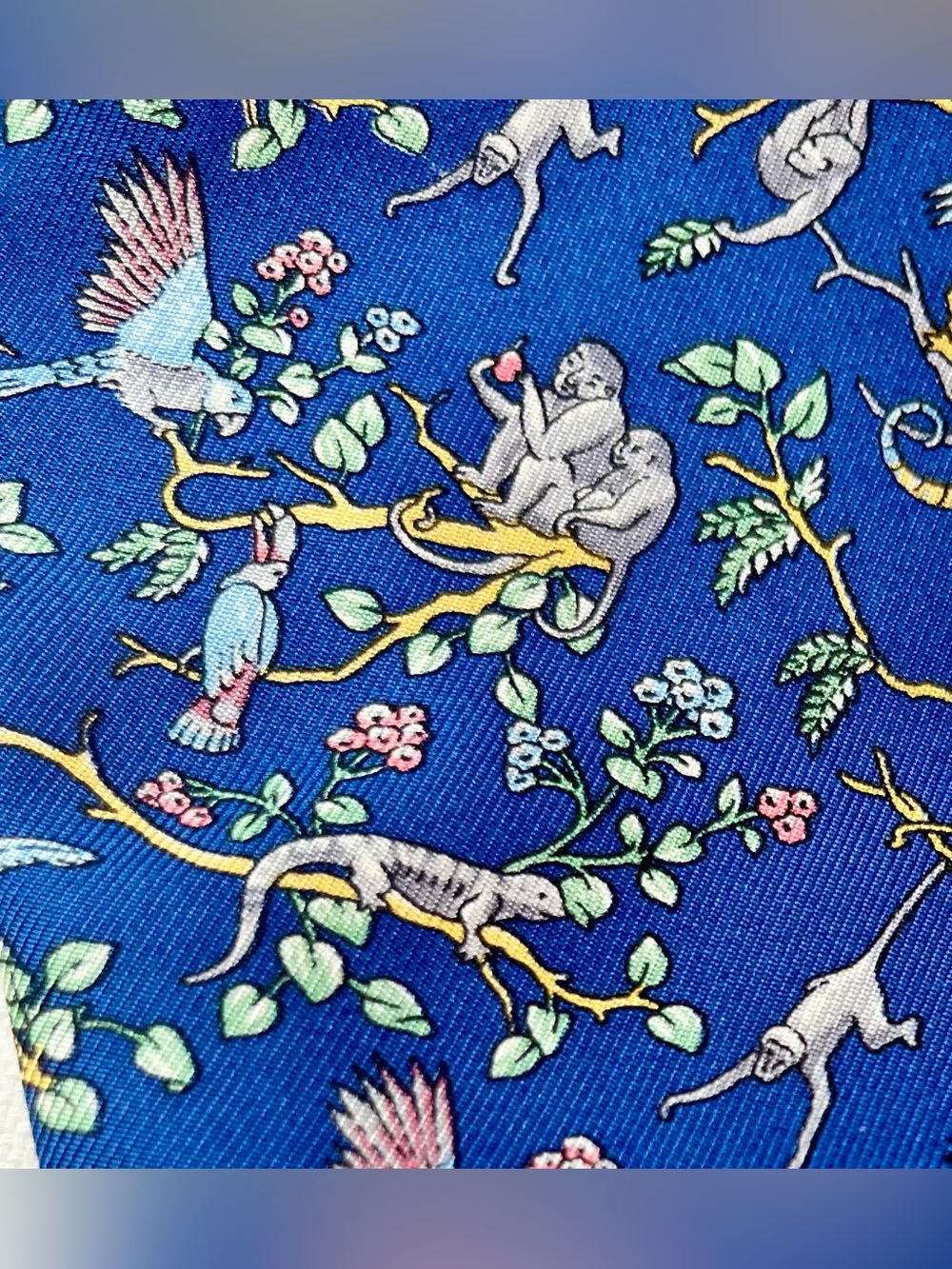Rare Mens Alain Figaret Silk Ascot Tie Blue Tropical Birds & Monkeys, Toucans